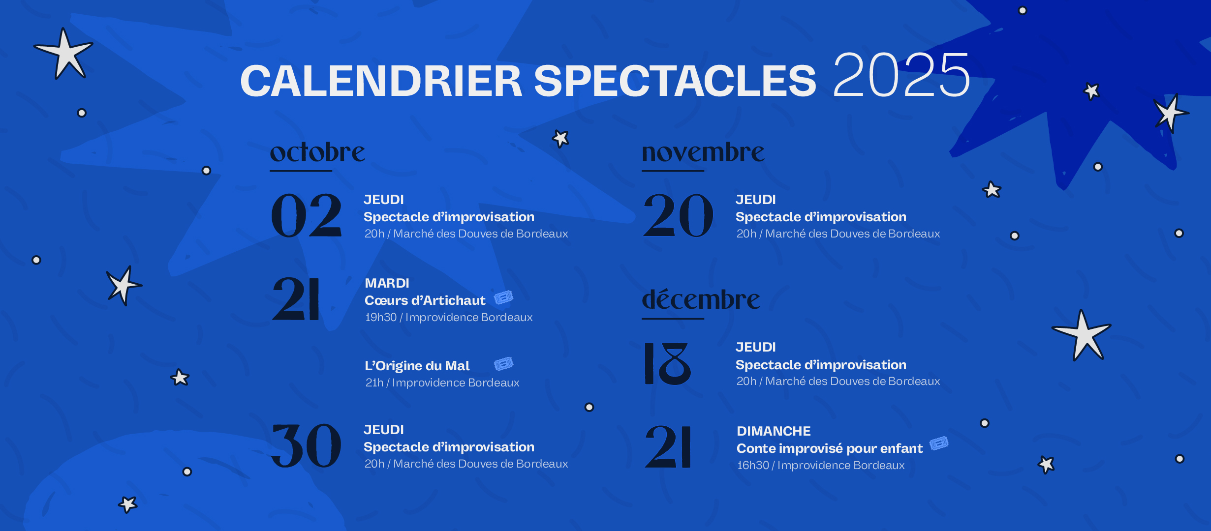 Calendrier spectacles improvisés bordelais de la TIPI 2025